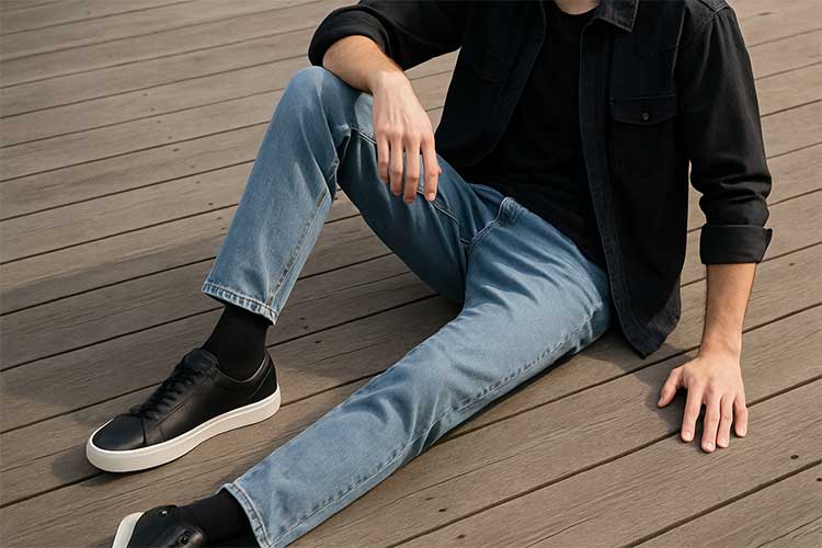 sporting a pair of mens jeans