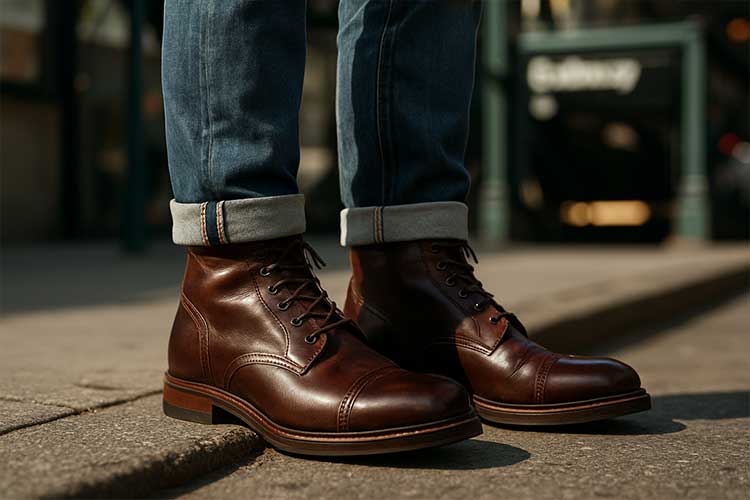 man wearing boots with jeans